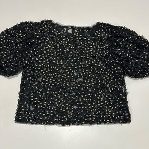Zara Sheer Black & Gold Puff-Sleeve Women's Top Large